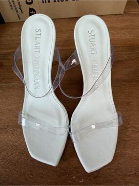 Stuart Weitzman White Slide Sandals with Clear Straps